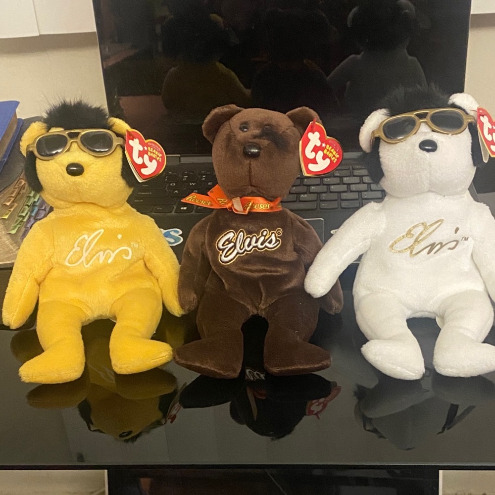 Ty Elvis Beanie Babies Set - Yellow, Brown, White. New with Tags. Set of 3